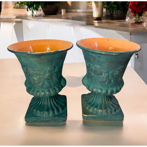Terracotta Style Green Gold Hues Raised Leaf Design Clay Vase Art Decor Set Of 2 - Picture 1 of 15